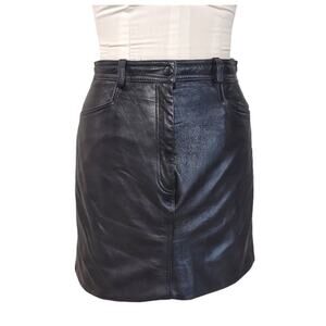 VAKKO Upcycled Black Leather Mini Skirt Sz 10 High Waist Jean Style Vintage Y2K
